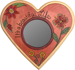 Heart Shaped Mirror –  "It's a Beautiful Life" heart-shaped mirror with pink floral motif