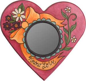 Heart Shaped Mirror –  "Know Love" heart-shaped mirror with ribbon and flower motif