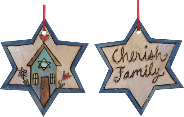 Star of David Ornament –  "Cherish Family" Star of David ornament with home and flower motif