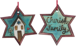 Star of David Ornament –  "Cherish Family" Star of David ornament with home and flower motif