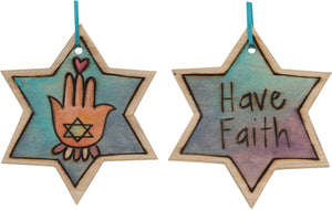 Star of David Ornament –  "Have Faith" Star of David ornament with heart and hamsa motif