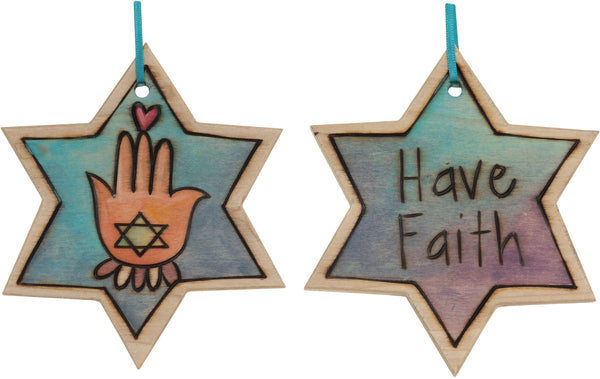 Star of David Ornament –  "Have Faith" Star of David ornament with heart and hamsa motif