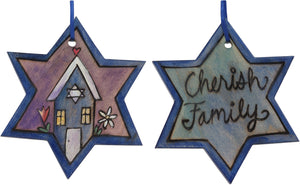 Star of David Ornament –  "Cherish Family" Star of David ornament with heart home and flowers