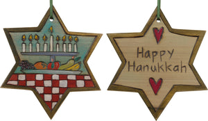Star of David Ornament –  "Happy Hanukkah" Star of David ornament with menorah