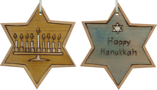 Star of David Ornament –  "Happy Hanukkah" Star of David ornament with menorah