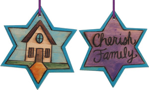 Star of David Ornament –  "Cherish Family" Star of David ornament with cozy home motif