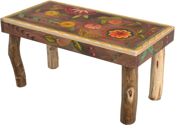 Sticks handmade 3' bench with contemporary folk art floral design