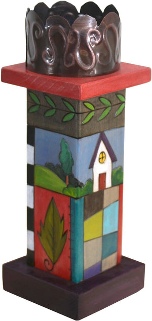 Small Pillar Candle Holder –  Eclectic candle holder with colorful block icons and patterns and unique stamped metal element