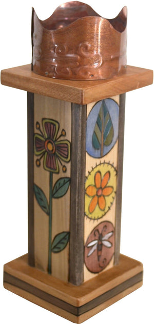 Small Pillar Candle Holder –  Elegant and neutral candle holder with floral motifs and unique stamped metal element