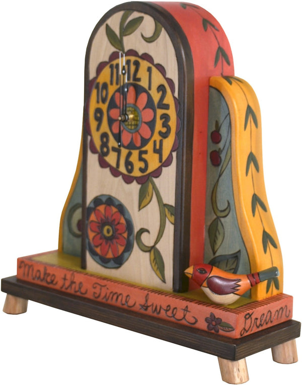 Mantel Clock –  Eclectic folk art mantel clock with colorful garden motifs