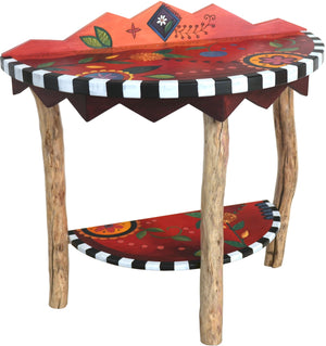 Small Half Round Table –  "Follow Your Heart" half round table with bright contemporary floral motif on red background