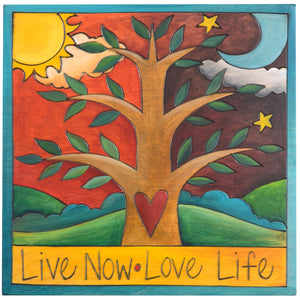 Sticks handmade wall plaque with "Live Now, Love Life" quote and tree of life imagery