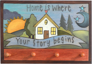 Horizontal Key Ring Plaque –  "Home is Where Your Story begins" key ring plaque with heart home and sun and moon motif