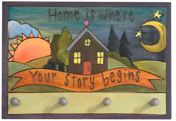 Horizontal Key Ring Plaque –  "Home is Where Your Story begins" key ring plaque with heart home and sun and moon motif