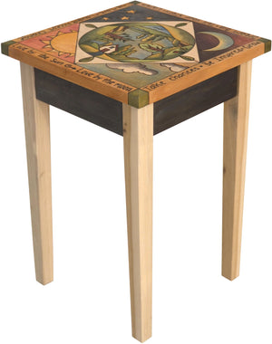 Small Square End Table –  Elegant and neutral end table with rolling landscape painted in the round with sun and moon motif