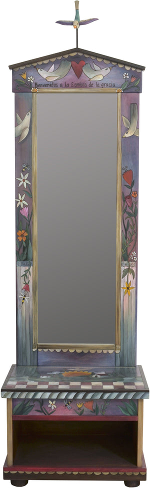 Hall Tree –  Beautiful folk art hall tree with mirror and storage bench featuring birds, landscape paintings, and checks