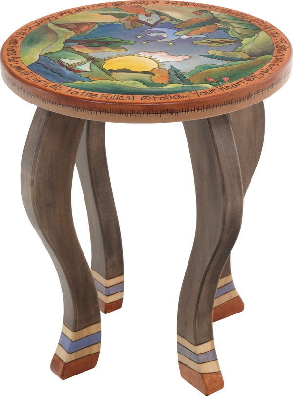 Round End Table –  Handsome end table with rolling landscape in the round and sun and moon motifs