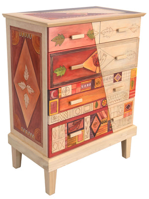 Tall Dresser –  Beautiful patchwork themed dresser done in warm tones and whitewash accents main view