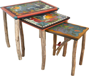 Nesting Table Set –  Lovely nesting table set with birch legs and four seasons motif throughout