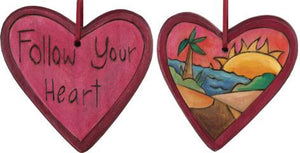 Heart Ornament –  "Follow Your Heart" heart ornament with sunset on the beach motif