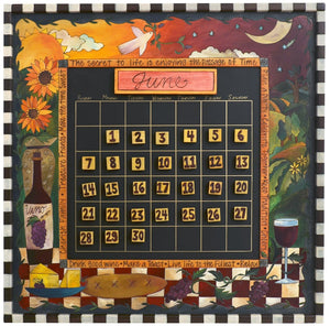 Large Perpetual Calendar – "Drink good wine" and "make a toast" themed calendar with a festive table setting in front of a rolling hills landscape