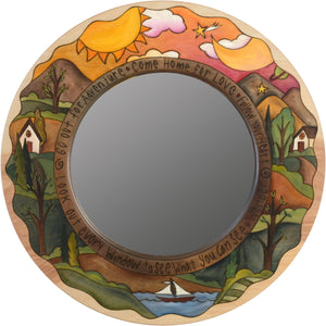 Small Circle Mirror –  "Go Out for Adventure/Come Home for Love" circle mirror with sun and moon over a hilly horizon motif