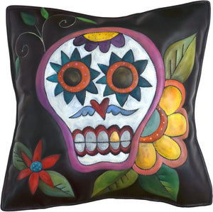 Leather Pillow –  Beautiful sugar skull pillow with flowers
