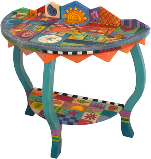 Small Half Round Table –  "Thank Your Lucky Stars" half round table with sun, moon and shells motif