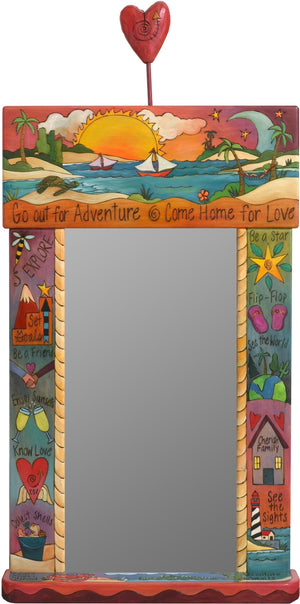 Large Mirror –  "Go out for Adventure/Come Home for Love" mirror with sailboat in the sunset with red sky motif