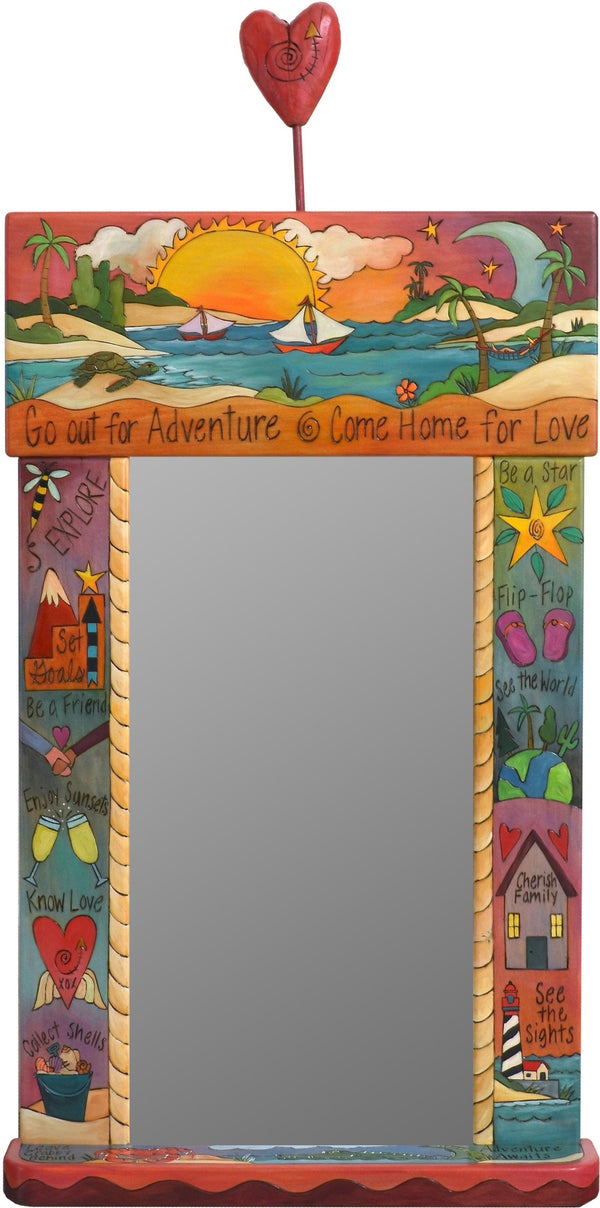 Large Mirror –  "Go out for Adventure/Come Home for Love" mirror with sailboat in the sunset with red sky motif