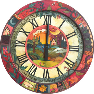 Sticks handmade 24"D wall clock with four seasons landscape and colorful icons