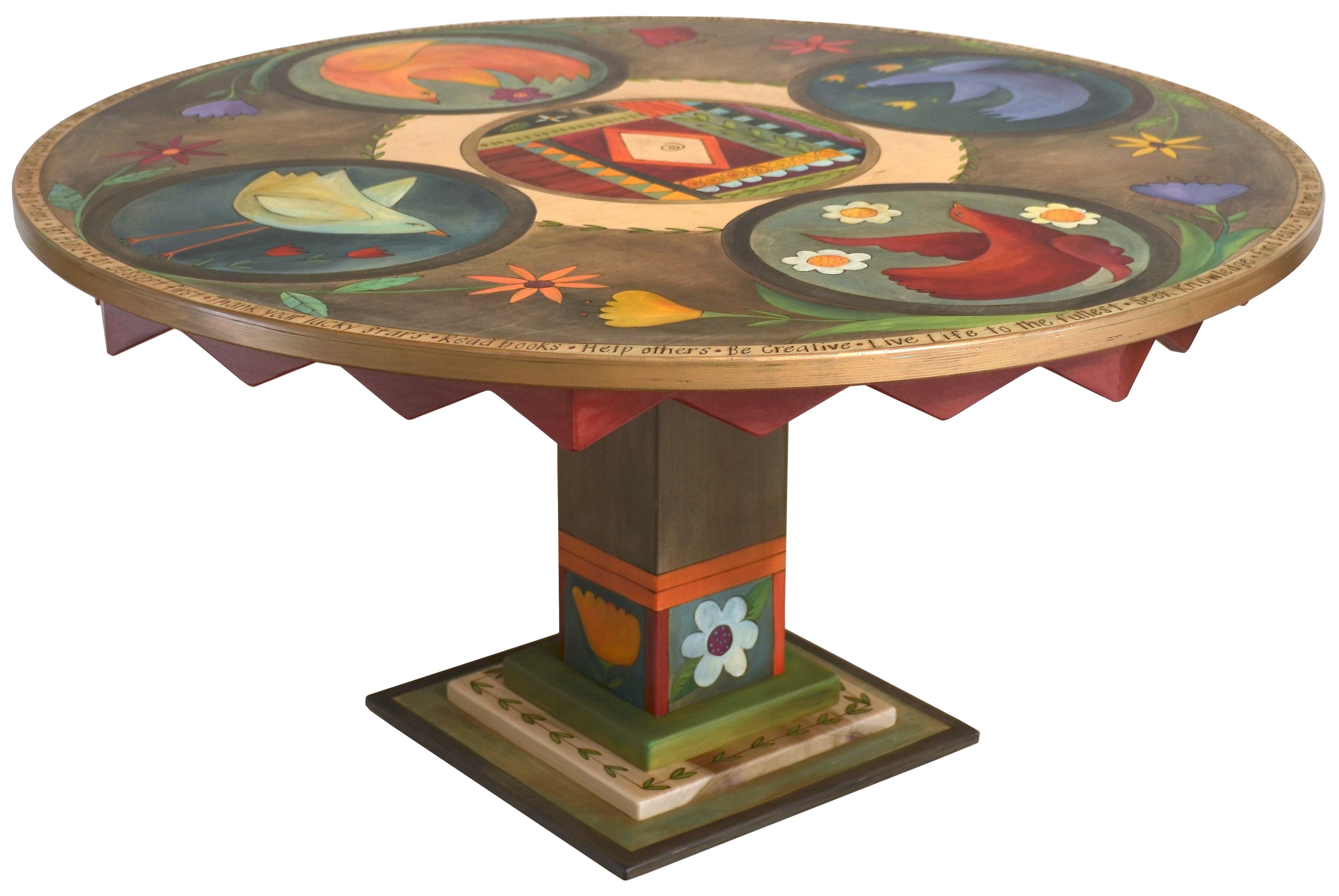 Sticks handmade dining table with colorful folk art imagery