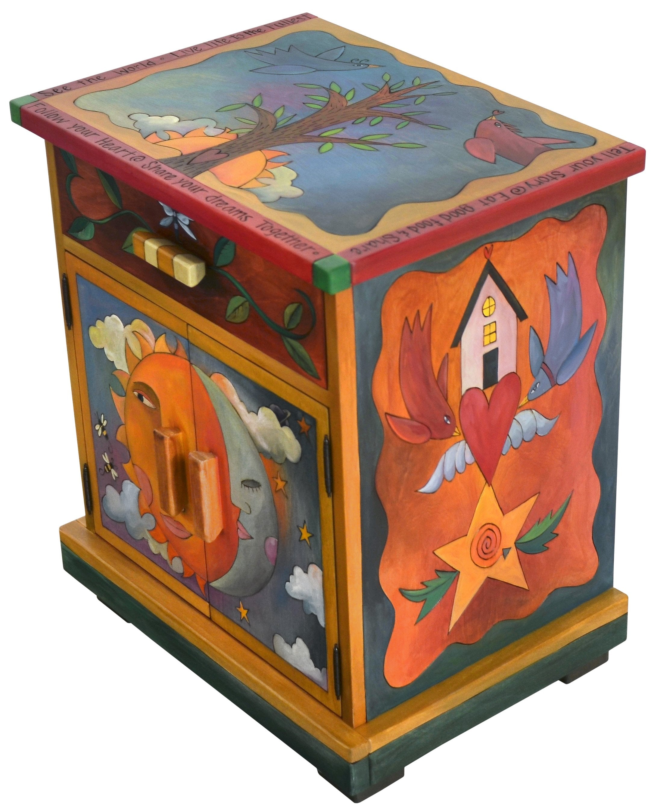 Sticks handmade nightstand with sun and moon and tree of life