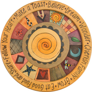 18" Round Tray –  Tray with spiral motif and border icons