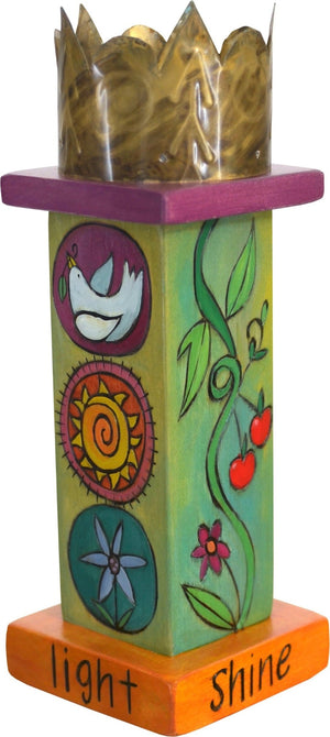 Small Pillar Candle Holder –  Playful pillar candle holder with vine motif, circular icons and a unique stamped metal element