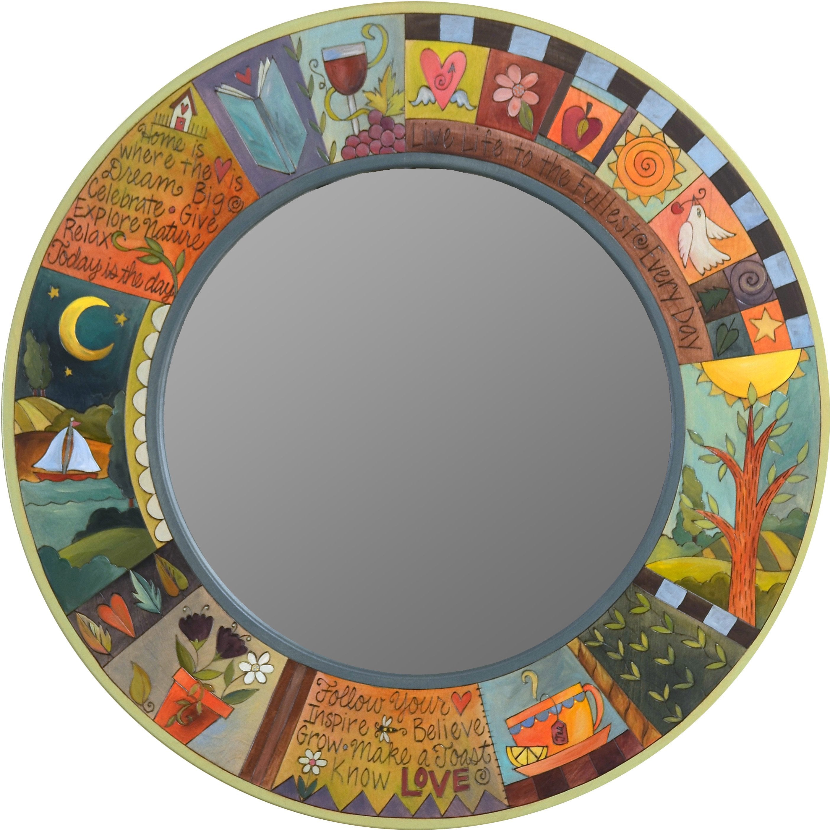 Large Circle Mirror –  Large round mirror with inspirational phrases, colorful block icons and patterns