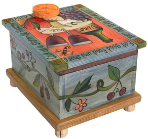 Recipe Box – Beautiful wine and cheese motif recipe box with a cute orange slide handle