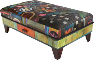 Ottoman with Drawer –  Colorful and eclectic folk art ottoman, leather, hand stitched and painted with drawer for storage