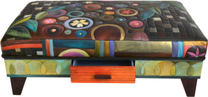 Ottoman with Drawer –  Colorful and eclectic folk art ottoman, leather, hand stitched and painted with drawer for storage