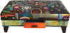 Ottoman with Drawer –  Colorful and eclectic folk art ottoman, leather, hand stitched and painted with drawer for storage