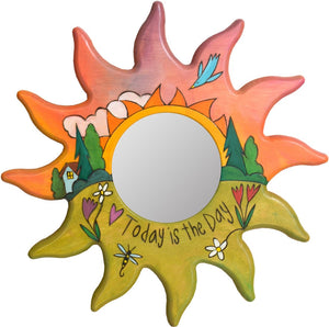 Sun Shaped Mirror –  "Today is the Day" sun-shaped mirror with warm sunset on the horizon motif