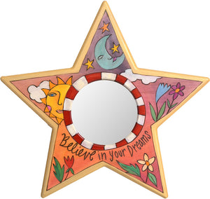 Star Shaped Mirror –  "Believe in your Dreams" star-shaped mirror with smiley sun and sleepy moon motif