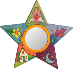 Star Shaped Mirror –  "Grow/Love/Dream" star-shaped mirror with home, moon and heart with wings motif