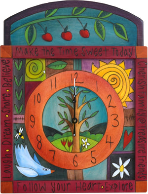 Square Wall Clock –  "Make the Time Sweet Today" wall clock with sun, bird and tree of life motif