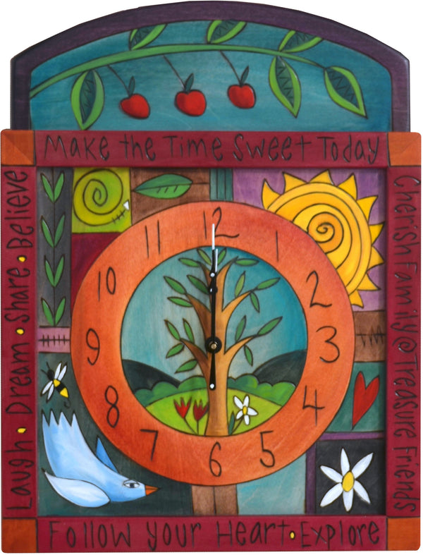 Square Wall Clock –  "Make the Time Sweet Today" wall clock with sun, bird and tree of life motif