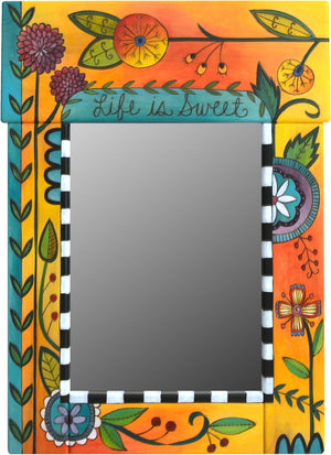 Medium Mirror –  "Life is Sweet" mirror with orange/yellow background and floral motif