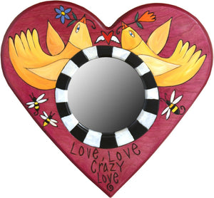 Heart Shaped Mirror –  "Love, Love, Crazy Love" heart-shaped mirror with love birds motif