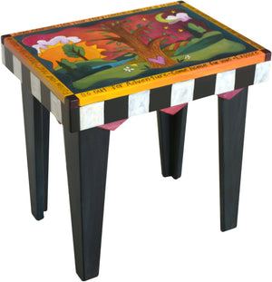 Rectangular End Table –  Beautiful tree of life end table with sun and moon motif and black and white block checks