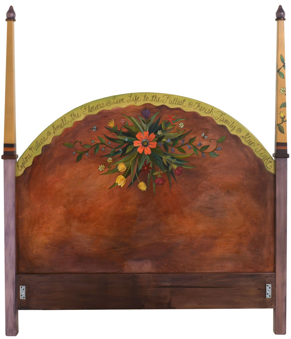 Queen Bed with Posts –  "Explore Nature/Smell the Flowers" queen bed with posts with warm sunset over the beautiful mountain range motif