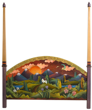 Queen Bed with Posts –  "Explore Nature/Smell the Flowers" queen bed with posts with warm sunset over the beautiful mountain range motif